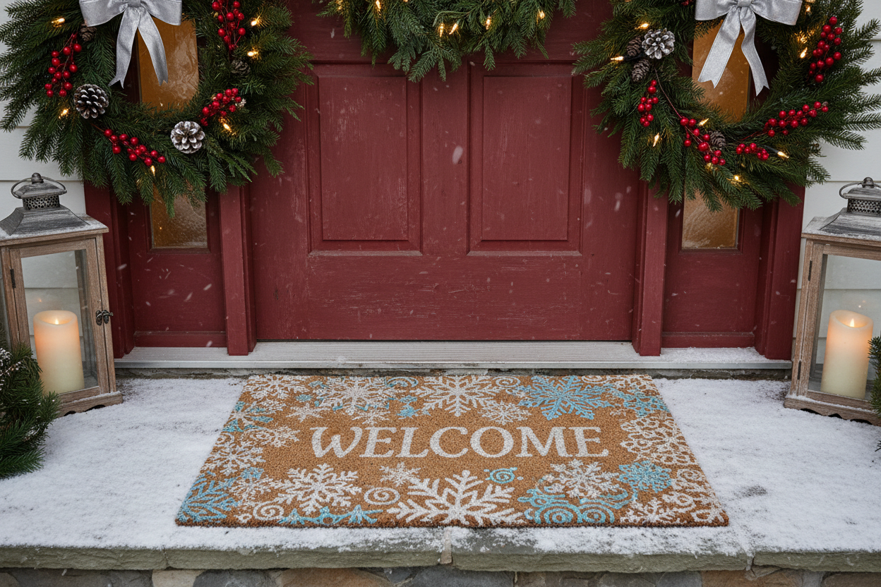 Eingang mit Fußmatte im Winterstyle